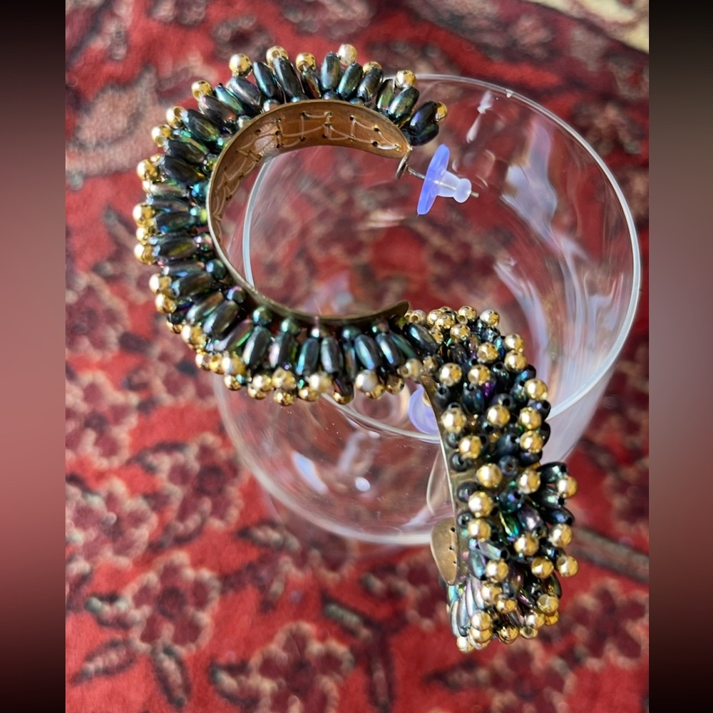 Vintage Statement Openwork Beaded AB Gold 60s 70s Disco Beaded Half Hoop Earring - Picture 6 of 9